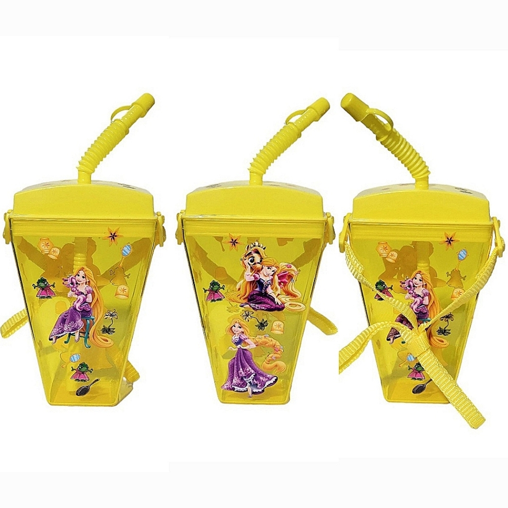 Rapunzel Disney Girls Yellow Plastic Water Bottle Portable Shoulder Strap 16 oz